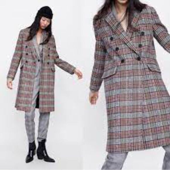 ZARA Gray Red Houndstooth Plaid Double Breasted Wool Coat Size XS - Picture 1 of 9